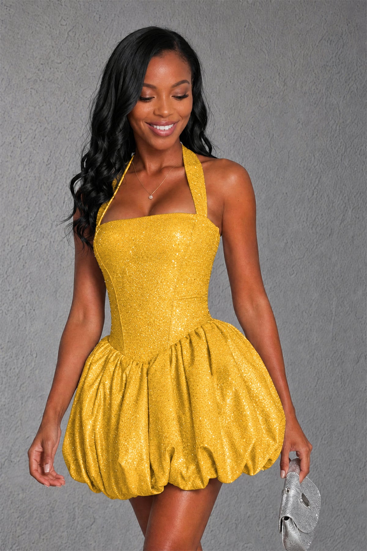 BOLODOO Yellow Glitter Halter Neck Corset Bubble Mini Dress with Lace-Up Open Back - Yellow