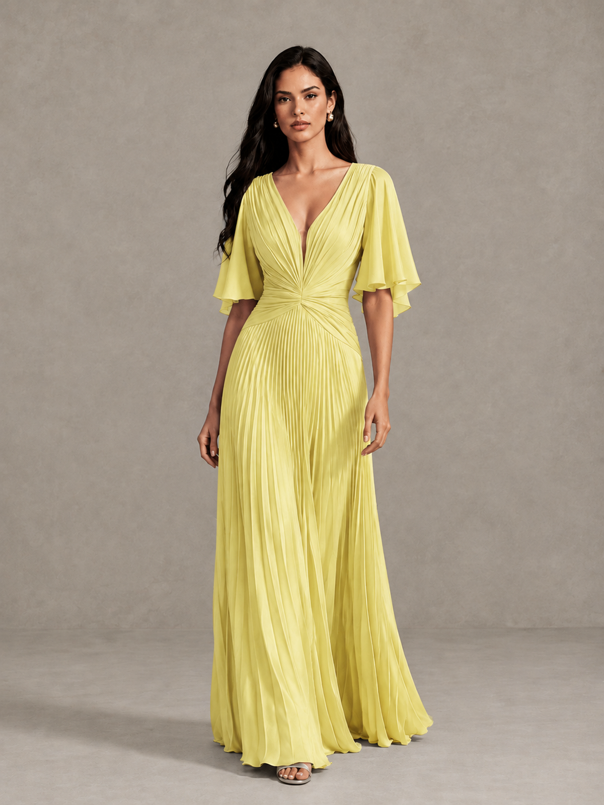 BOLODOO Yellow Pleated V-Neck Flutter Sleeve Bridesmaid Dress - Yellow - Yellow (1)