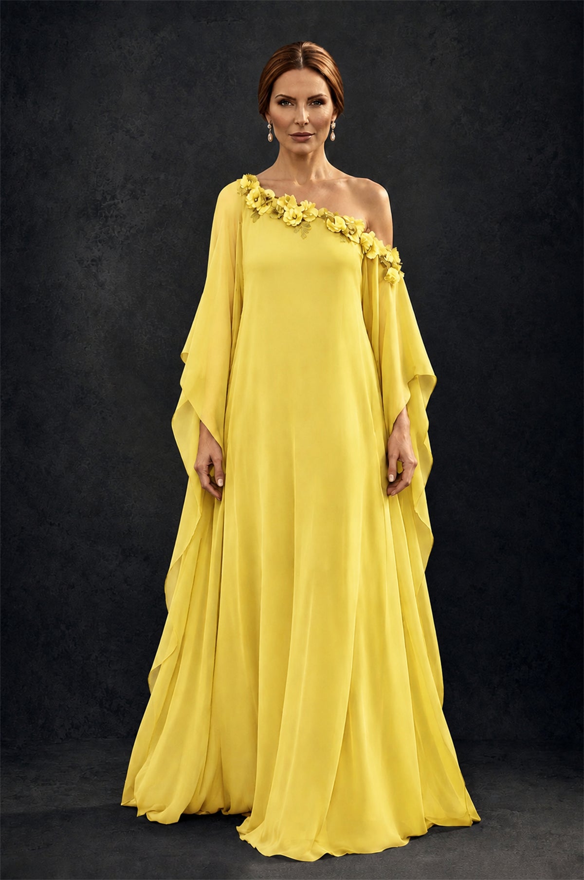 BOLODOO Yellow 2-Piece Set: Off-Shoulder 3D Floral Cape Gown & One-Shoulder Wide-Leg Jumpsuit | BD0373 - Yellow