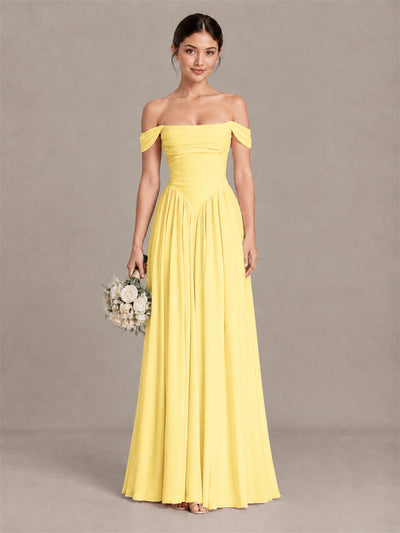 BOLODOO Yellow Off-Shoulder Chiffon A-Line Bridesmaid Dress - Yellow