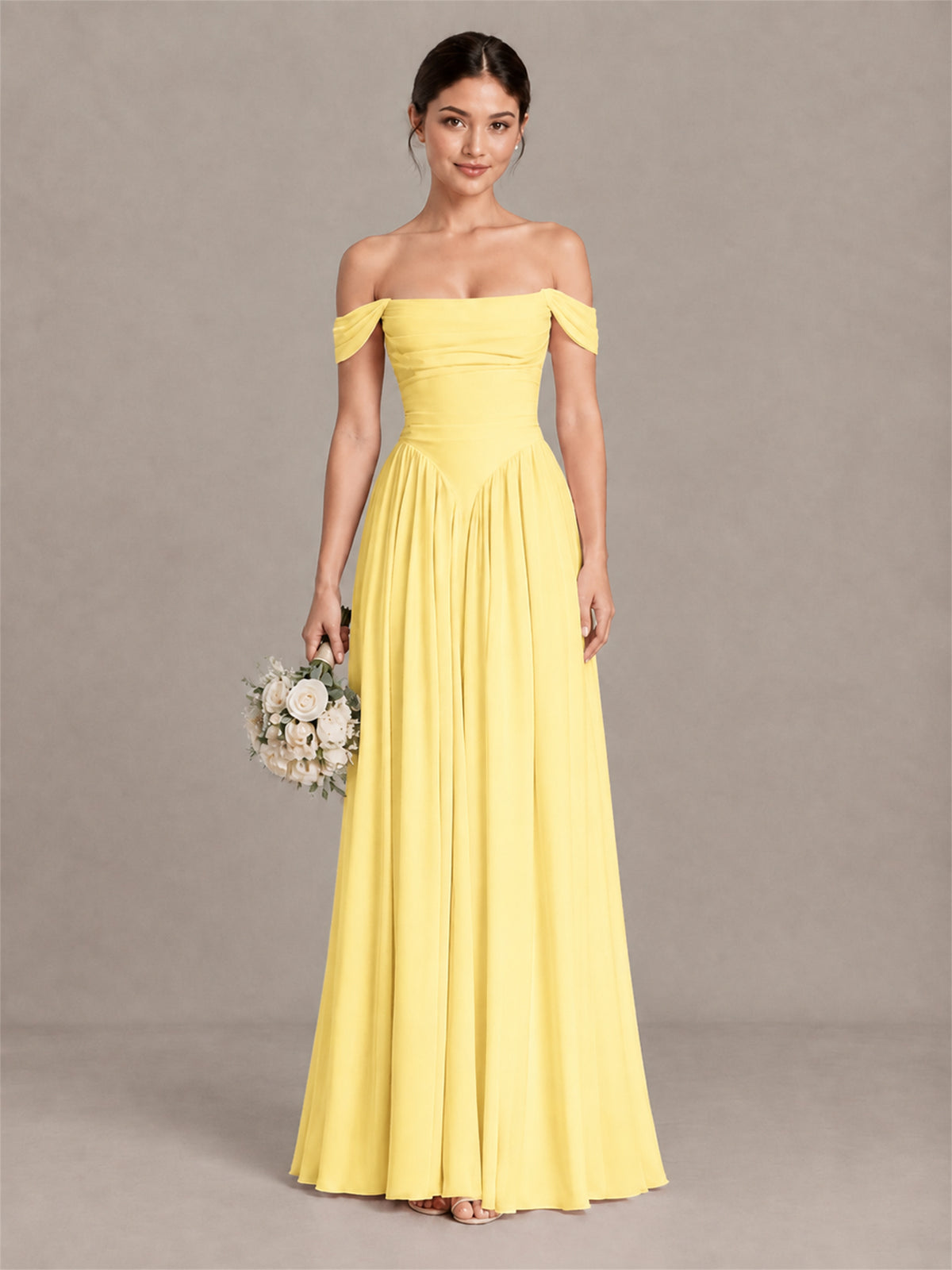 BOLODOO Yellow Off-Shoulder Chiffon A-Line Bridesmaid Dress - Yellow