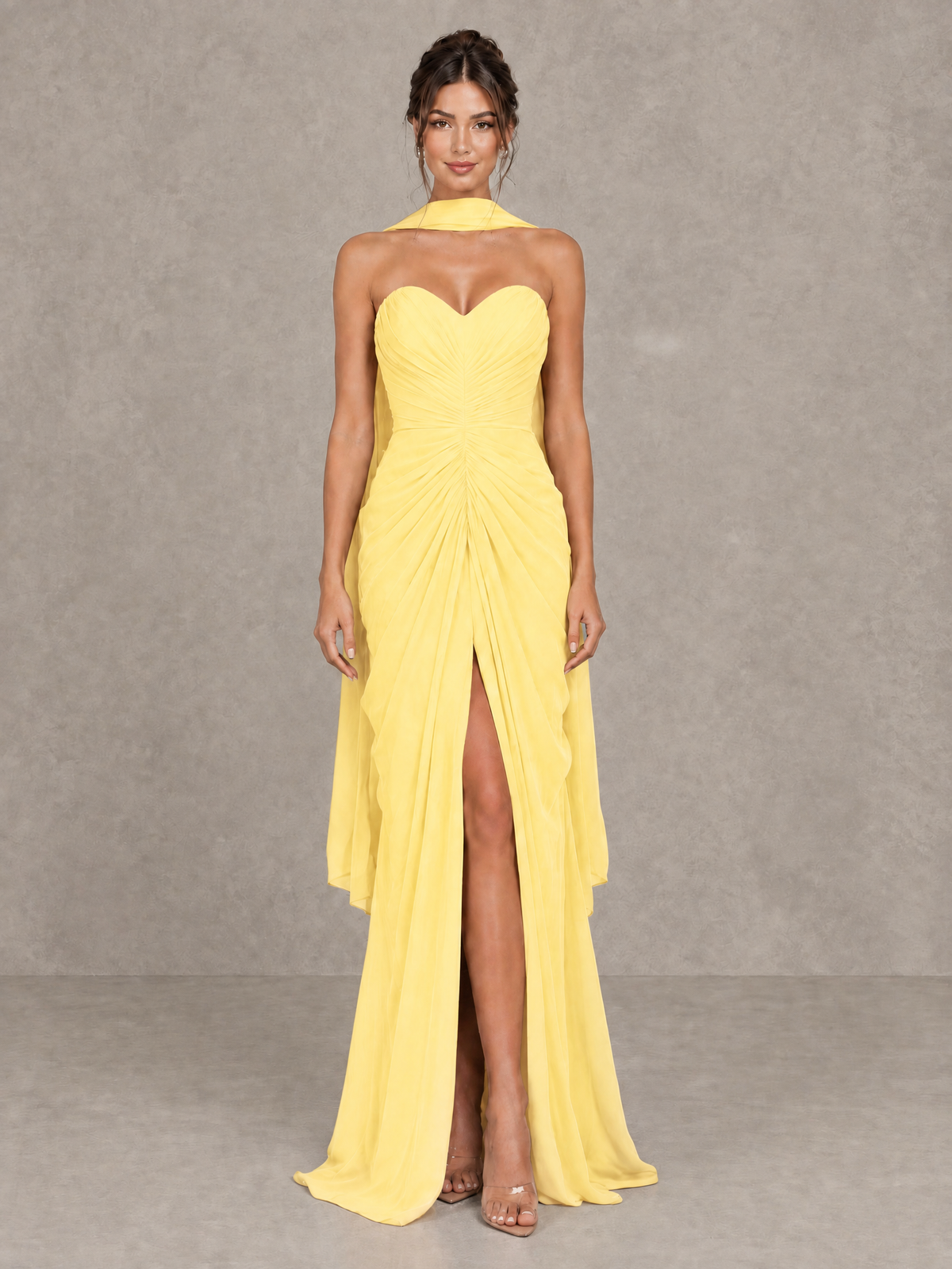 BOLODOO Yellow Strapless Ruched Maxi Dress with Scarf and Slit - Yellow