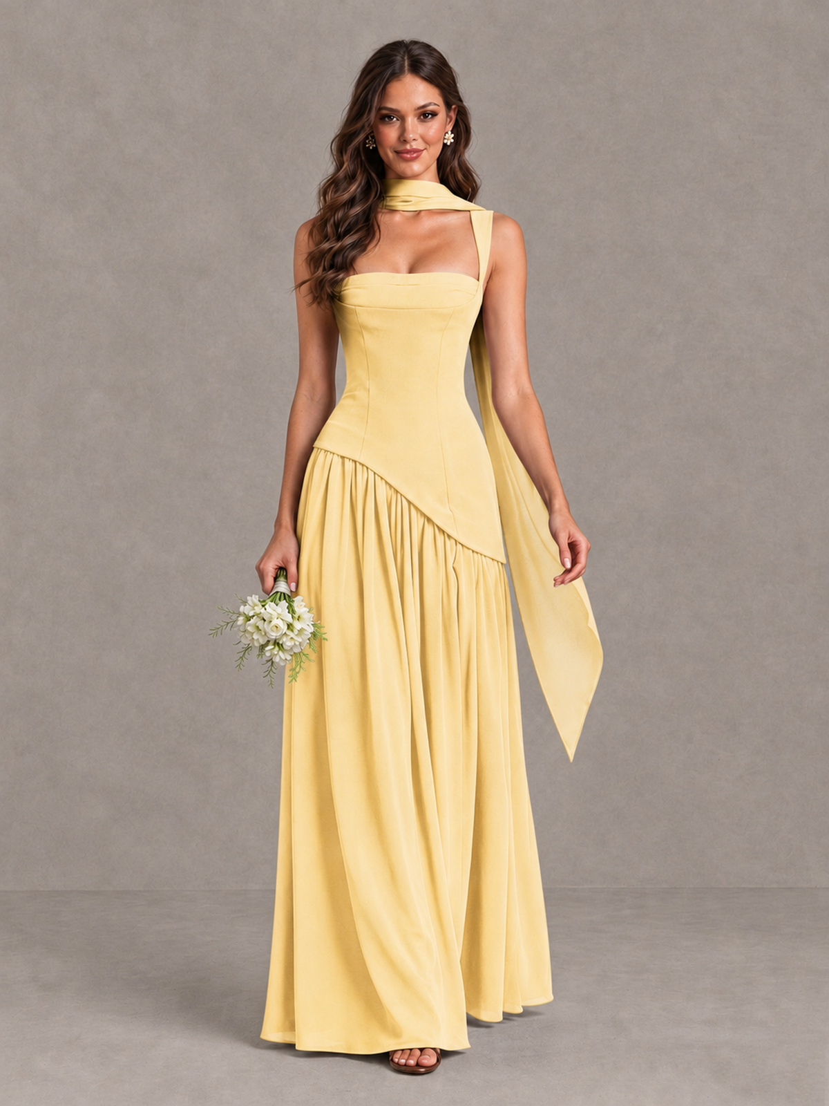 BOLODOO Yellow Brown Scarf Bridesmaid Dress with Lace-Up Back - Yellow - Yellow (1)