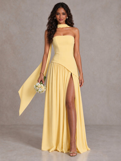 Yellow Strapless Bridesmaid Dress with Scarf & High Slit - Yellow - Yellow (1)