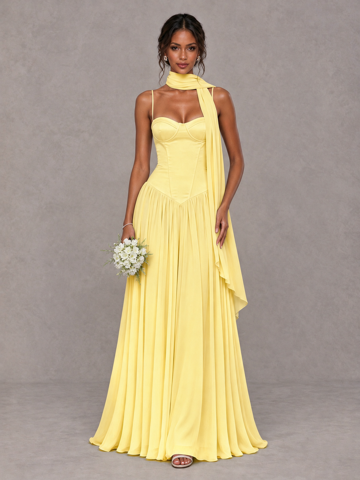 BOLODOO Yellow Corset Bridesmaid Dress with Scarf - Yellow - Yellow (1)