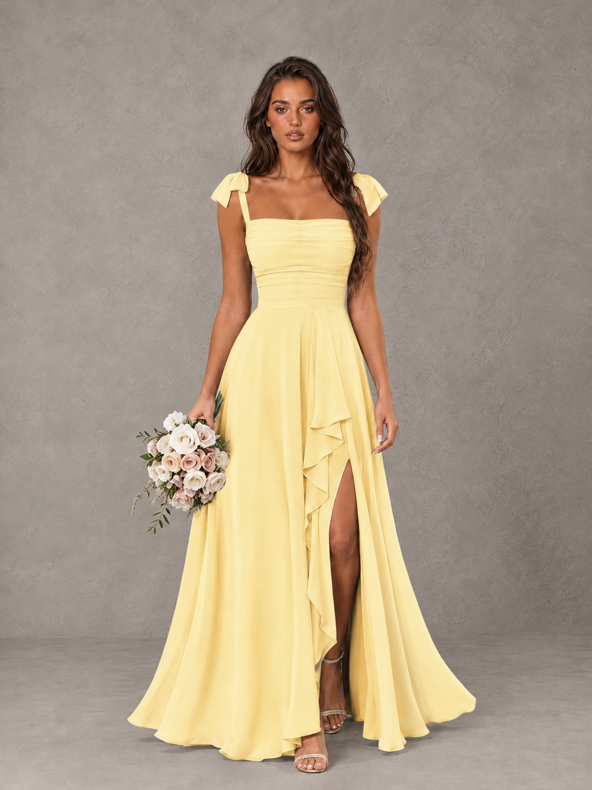 BOLODOO Yellow Bow-Strap Bridesmaid Dress with Ruffle Slit - Yellow - Yellow (1)