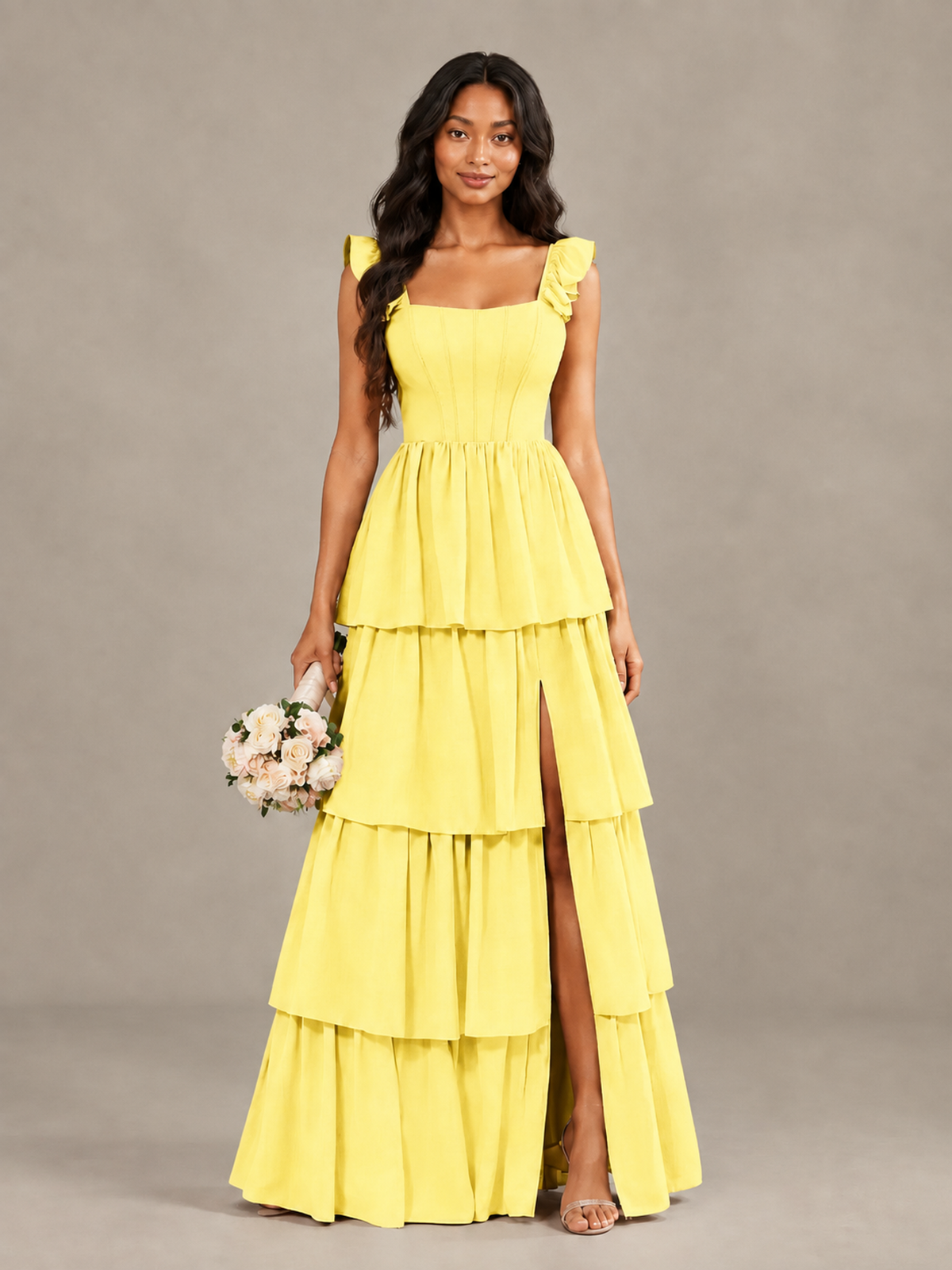 BOLODOO Yellow Tiered Maxi Bridesmaid Dress with Slit - Yellow