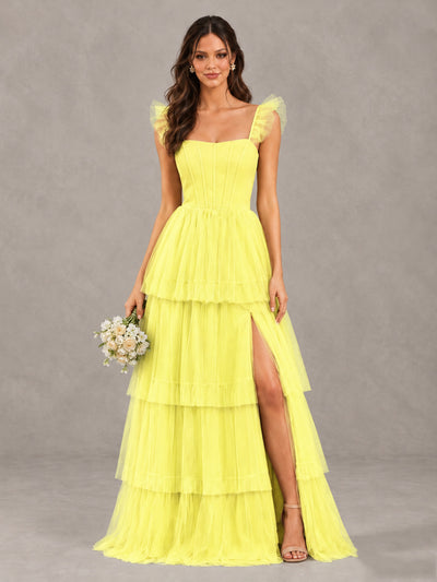 BOLODOO Yellow Tiered Tulle Bridesmaid Dress with Slit - Yellow - Yellow (1)
