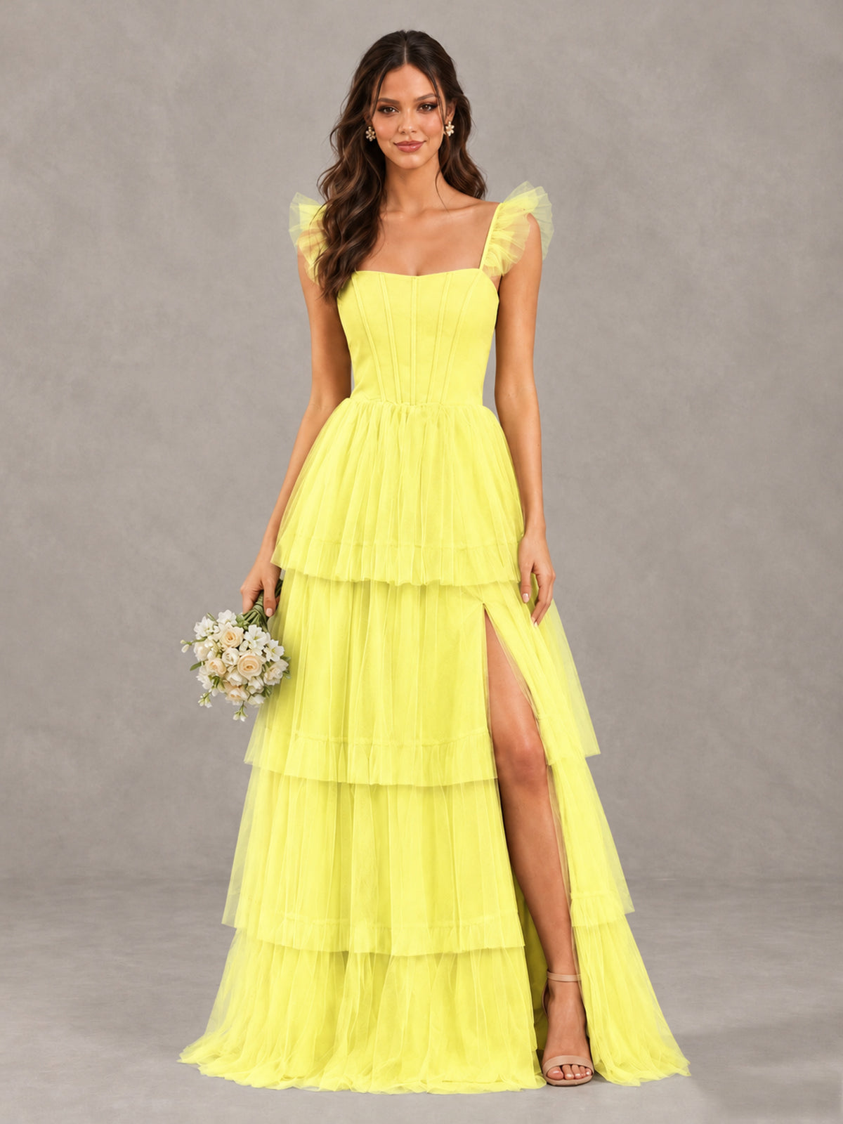 BOLODOO Yellow Tiered Tulle Bridesmaid Dress with Slit - Yellow - Yellow (1)