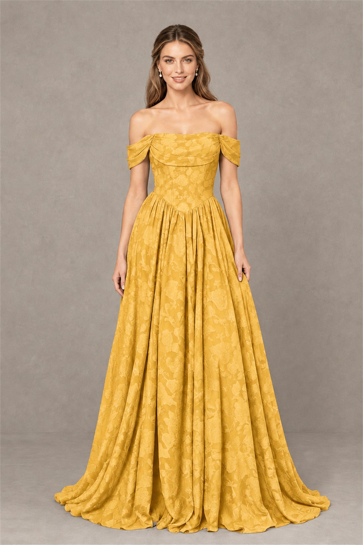 BOLODOO Yellow Off-Shoulder Floral A-Line Maxi Dress - Yellow