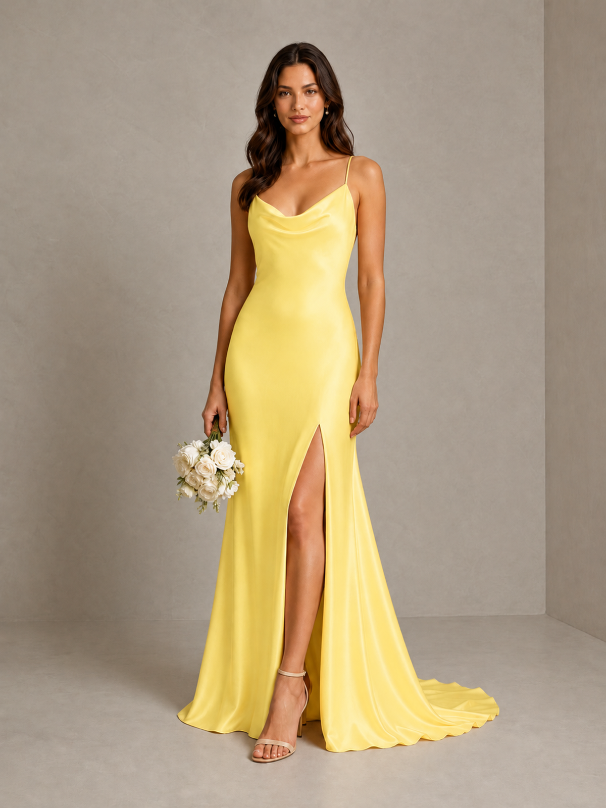 BOLODOO Yellow Satin Cowl Neck Bridesmaid Dress with Open Back & Side Slit - Yellow - Yellow (1)