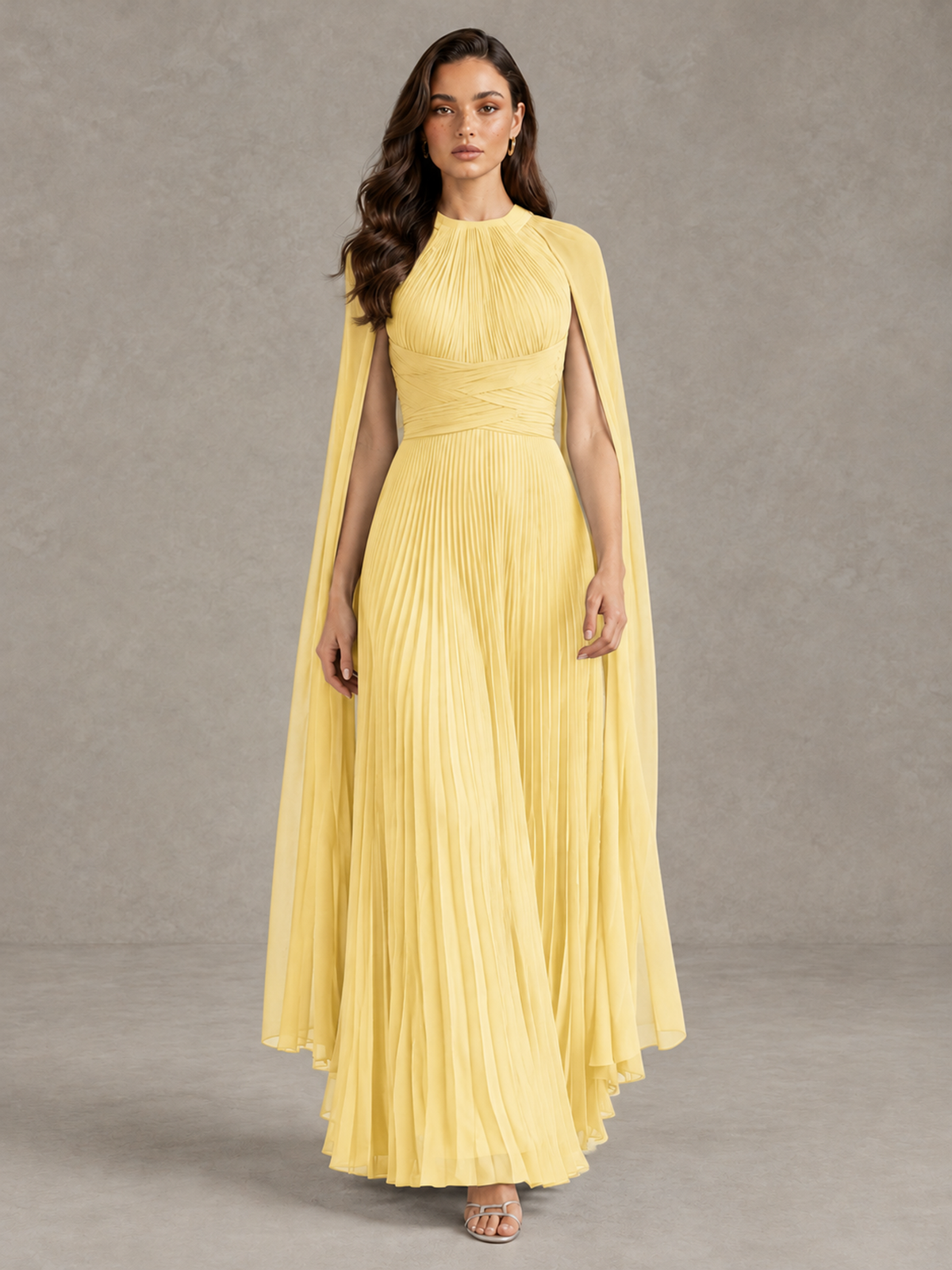 BOLODOO Yellow Pleated Cape Maxi Wedding Guest Dress - Yellow - Yellow (1)