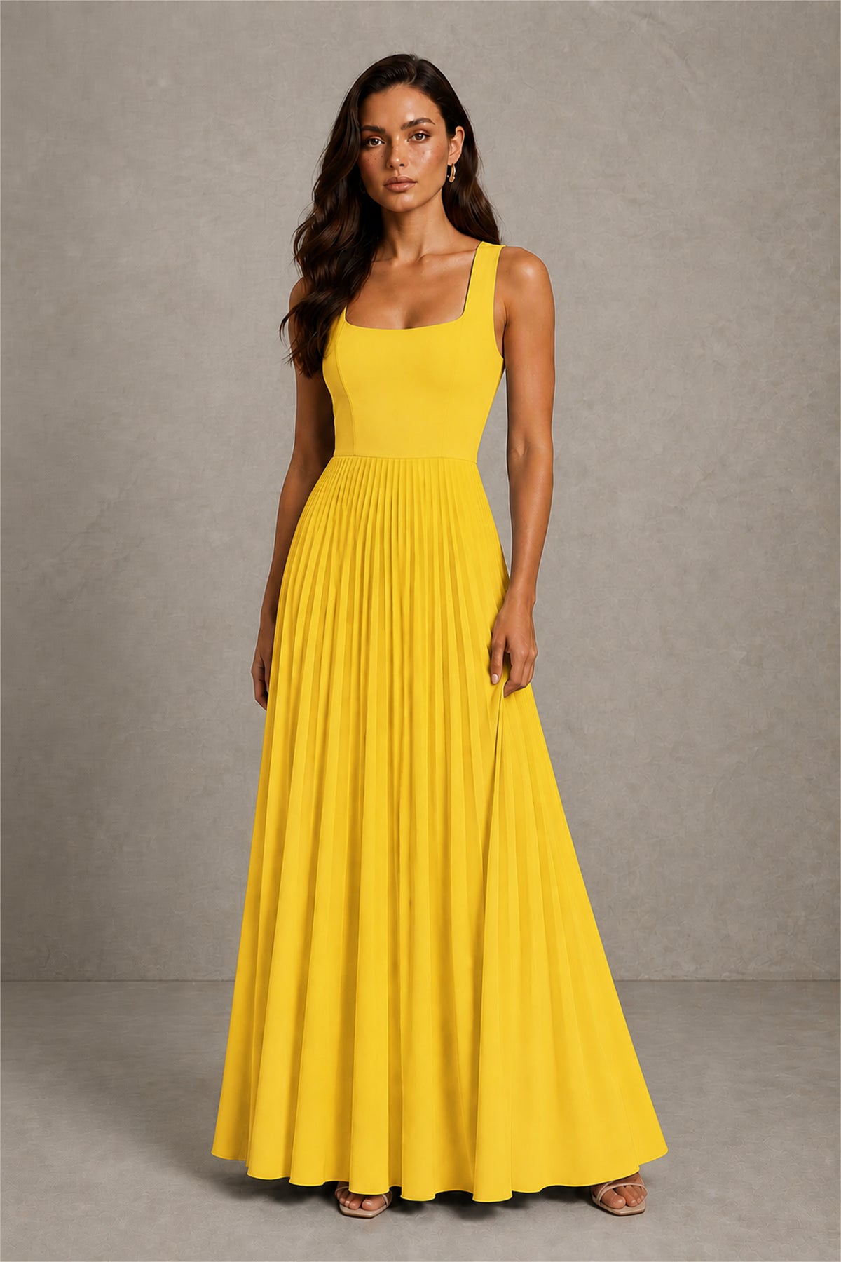 BOLODOO Yellow Square Neck Wide Strap Lace-Up Back Pleated A-Line Chiffon Maxi Dress - Yellow