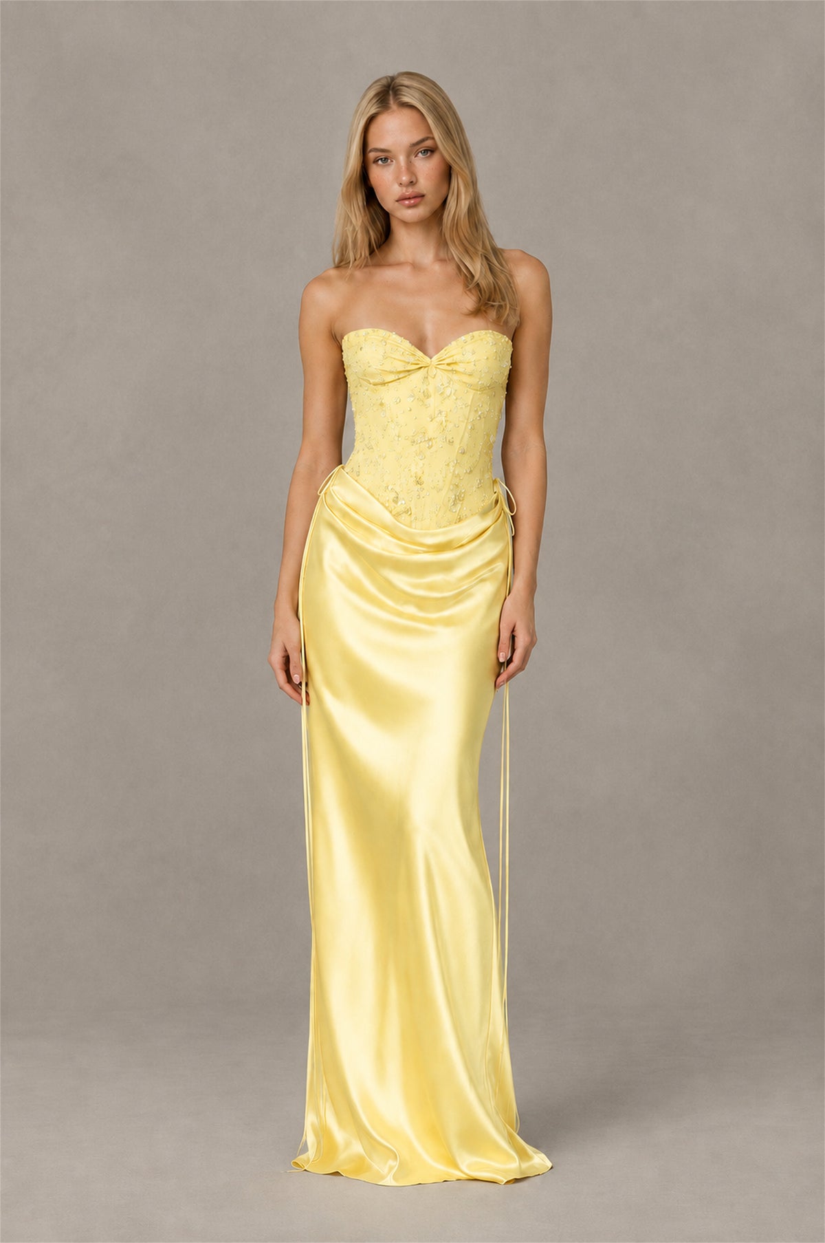 BOLODOO Yellow Strapless Embellished Corset Satin-Look Maxi Dress - Yellow