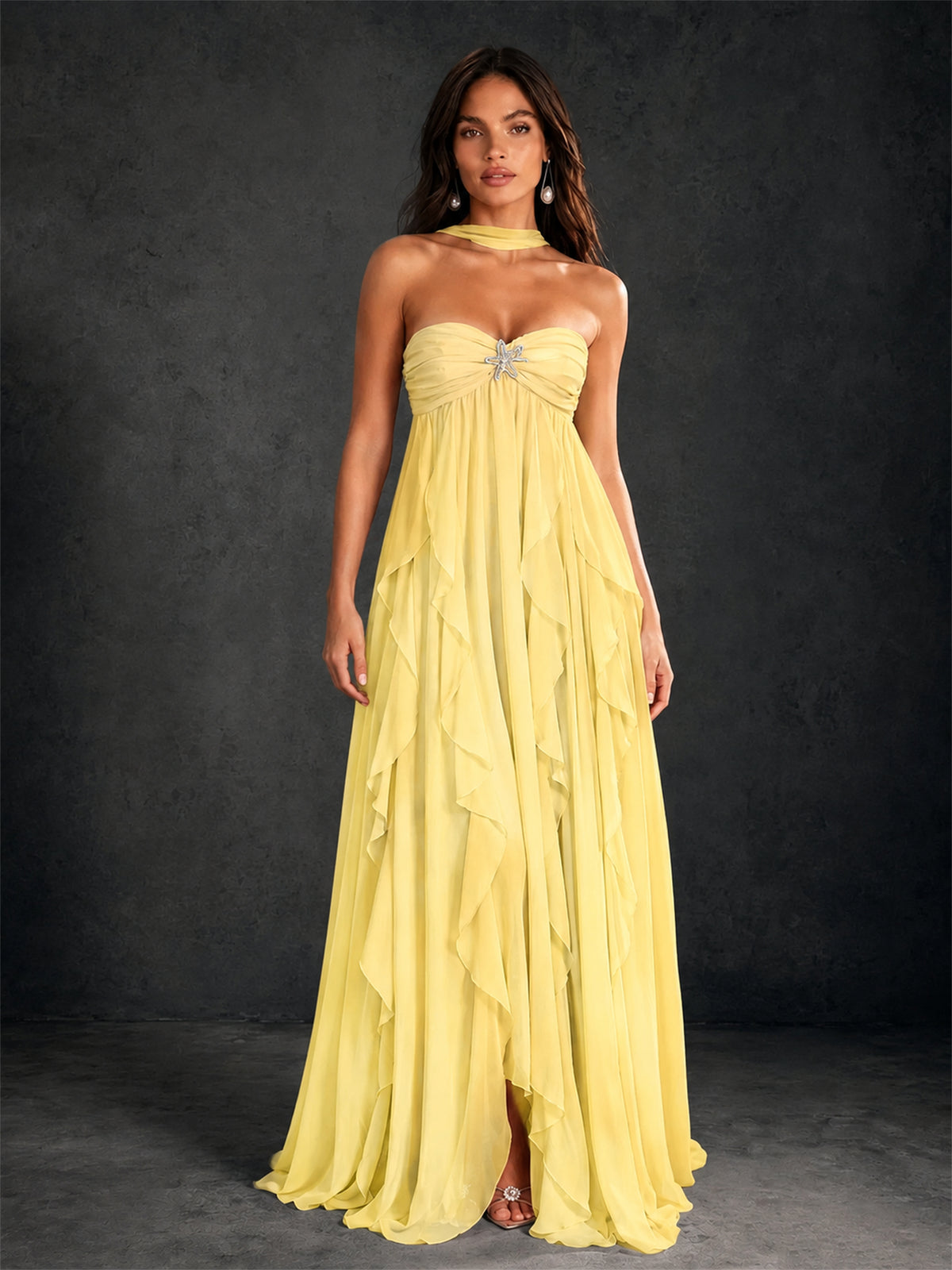 BOLODOO Yellow Halter Neck Cascading Ruffle Chiffon Maxi Dress | Keyhole Open Back - Yellow