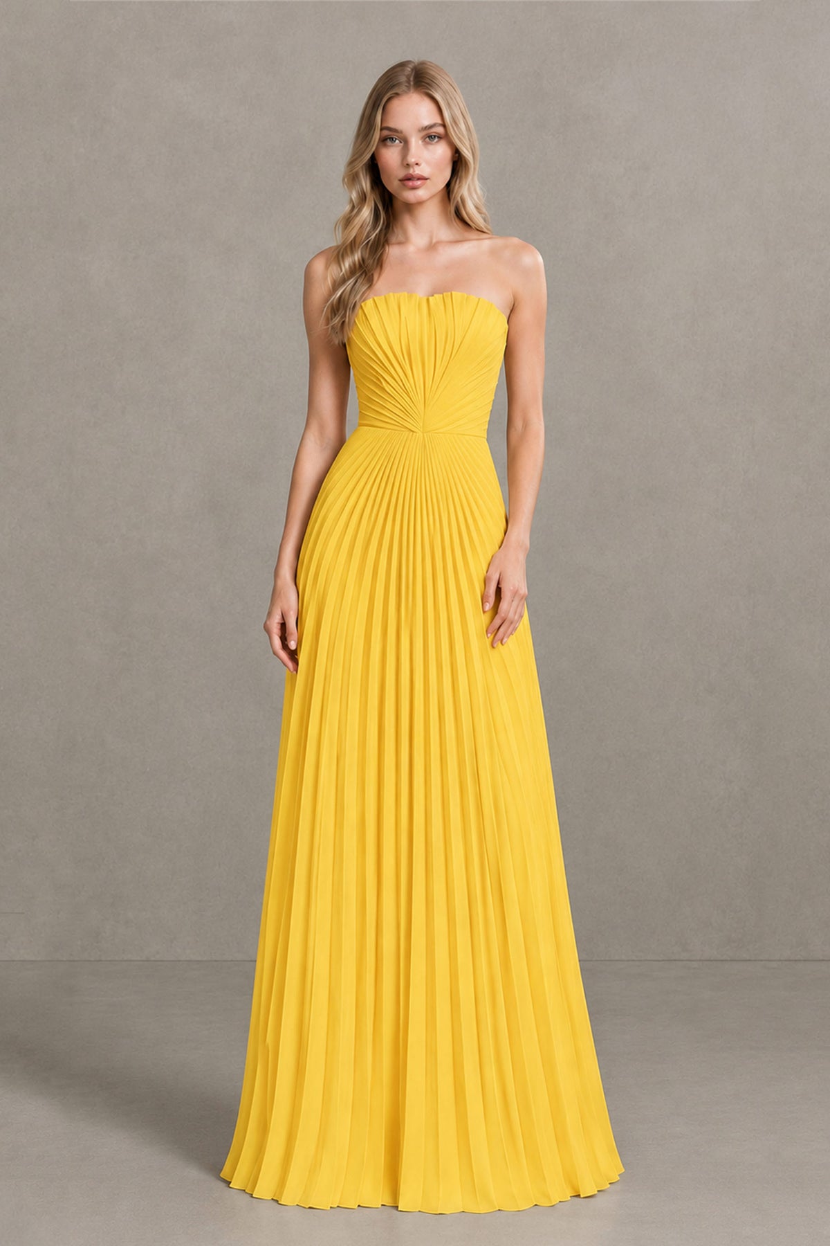BOLODOO Yellow Strapless Sunburst Pleated Twisted Knot Lace-Up Back Accordion Pleated Chiffon Maxi Dress - Yellow