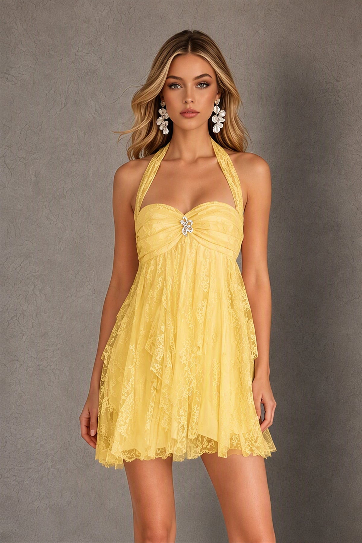 BOLODOO Yellow Halter Neck Lace Ruffle Mini Dress | Open Back Rhinestone Brooch - Yellow