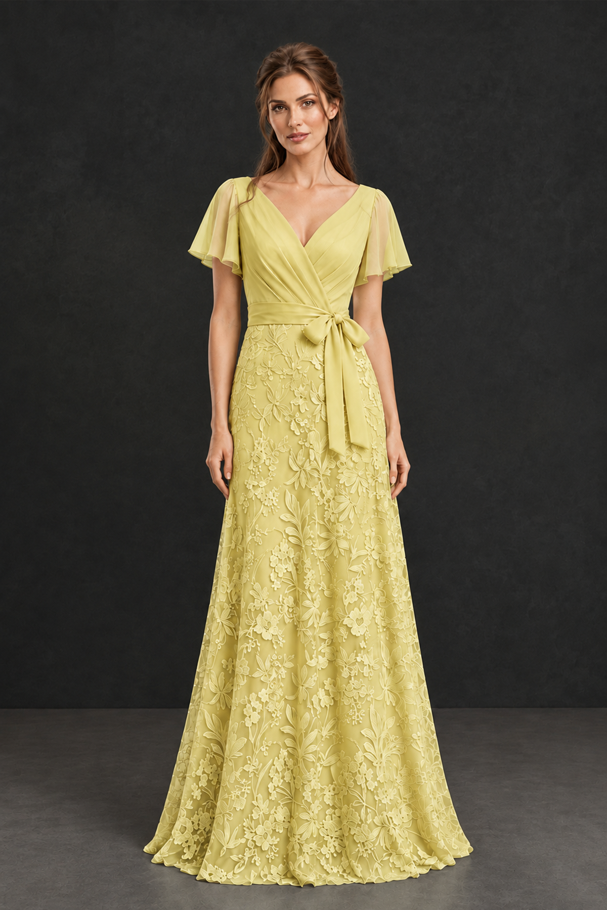 BOLODOO Yellow Flutter Sleeve Lace Mother of the Bride Dress - Yellow