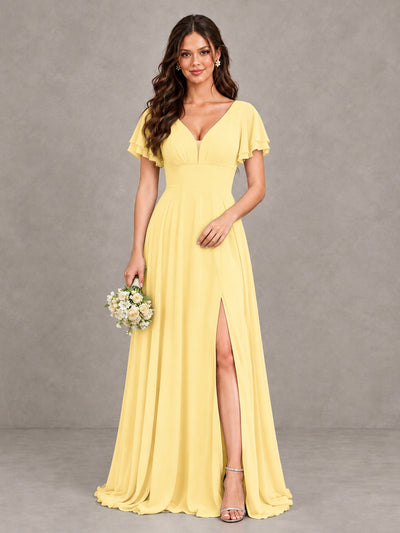 BOLODOO Yellow Flutter Sleeve Chiffon A-Line Maxi Bridesmaid Dress with Open Back & Slit - Yellow - Yellow (1)