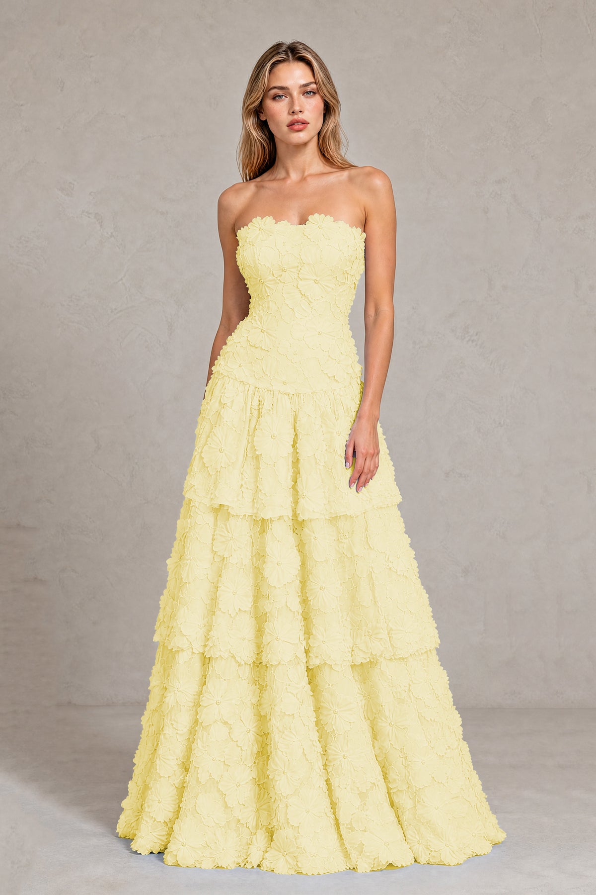 BOLODOO Yellow Strapless 3D Floral Tiered Evening Gown - Yellow