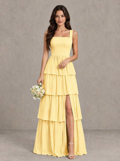 BOLODOO Yellow Square Neck Tiered Bridesmaid Dress with Slit - Yellow - Yellow (1)