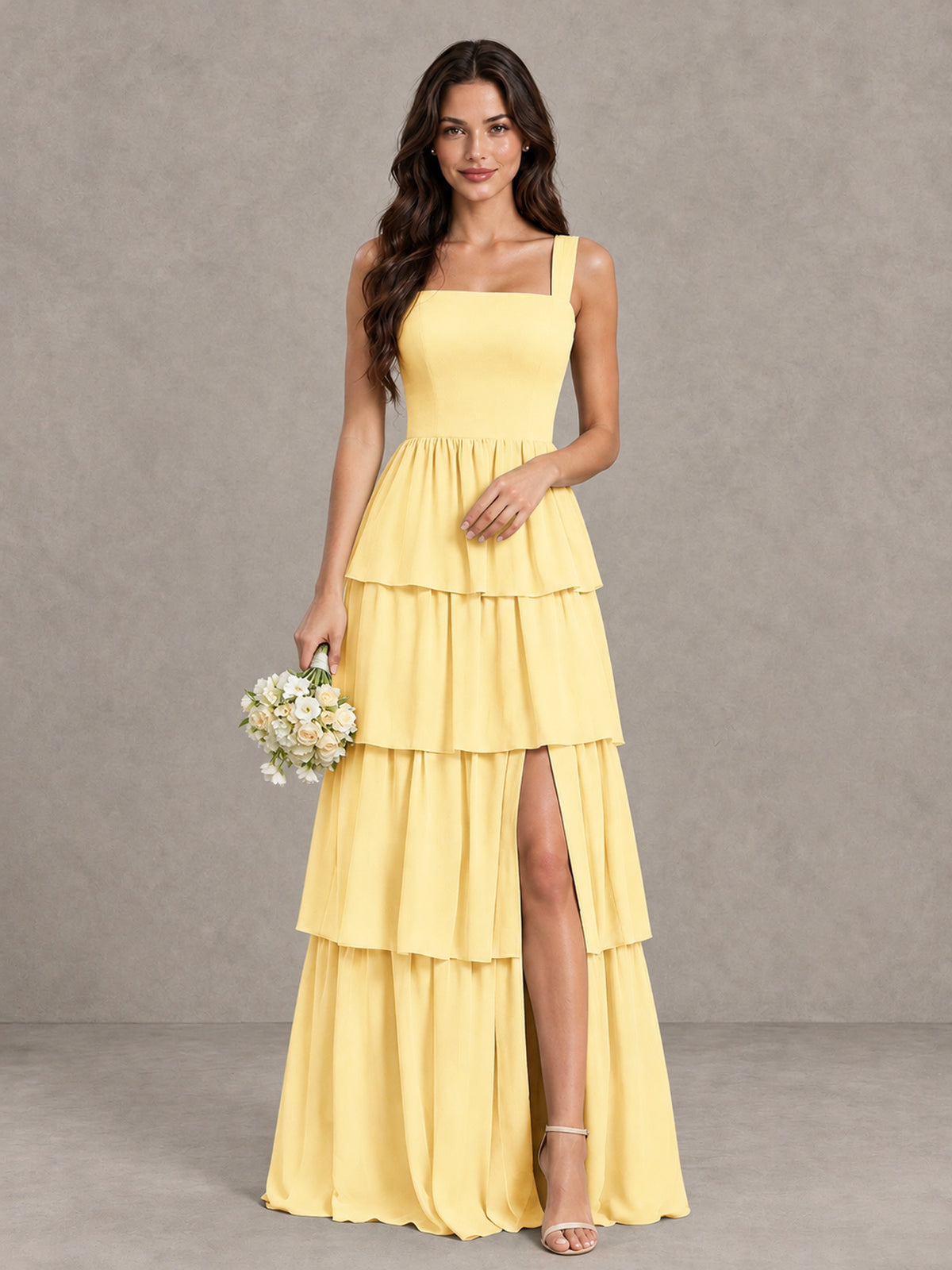 BOLODOO Yellow Square Neck Tiered Bridesmaid Dress with Slit - Yellow - Yellow (1)