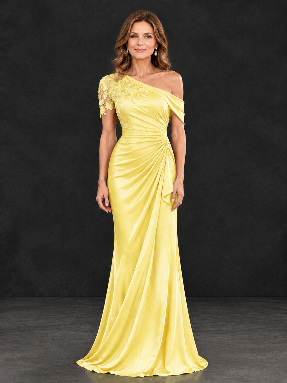 BOLODOO Yellow Asymmetric Satin Mother of the Bride Dress with Lace Sleeve - Yellow - Yellow (1)