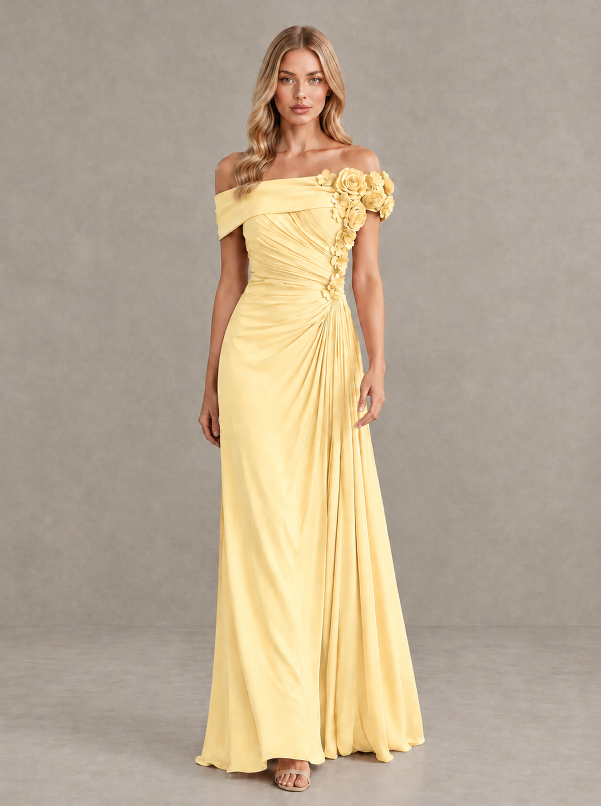 BOLODOO Yellow Off-Shoulder Floral Applique Wedding Guest Maxi Dress - Yellow - Yellow (1)