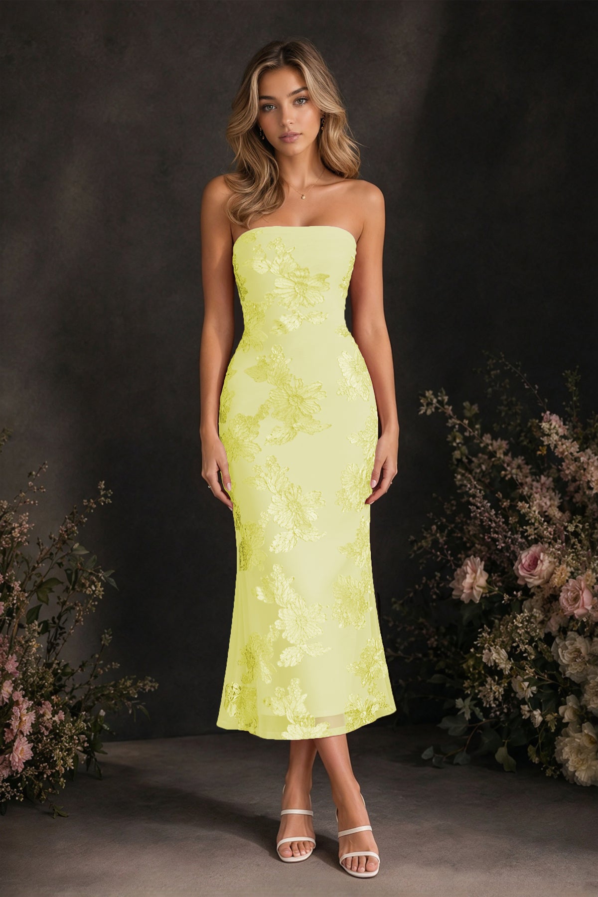 BOLODOO Yellow Tonal Floral Embroidered Mesh Strapless Open Back Bodycon Midi Tea Length Dress - Yellow