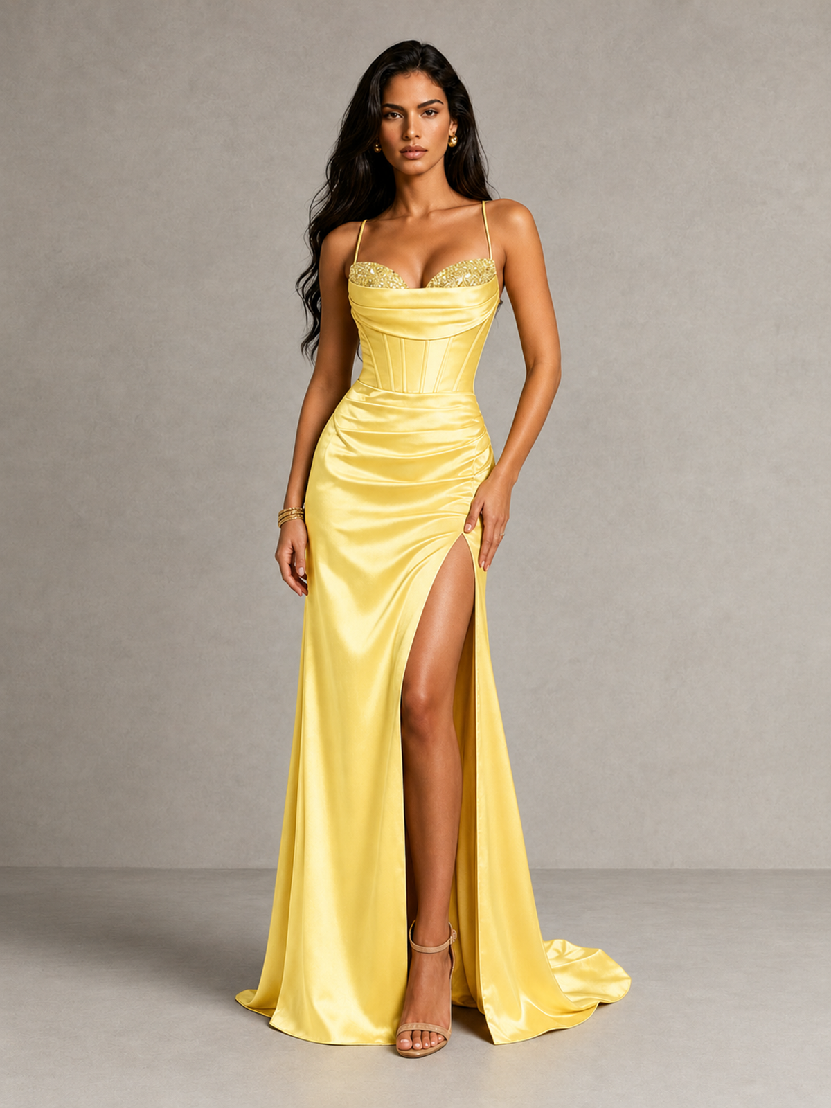 BOLODOO Yellow Satin Corset Prom Dress with High Slit & Lace-Up Back - Yellow - Yellow (1)