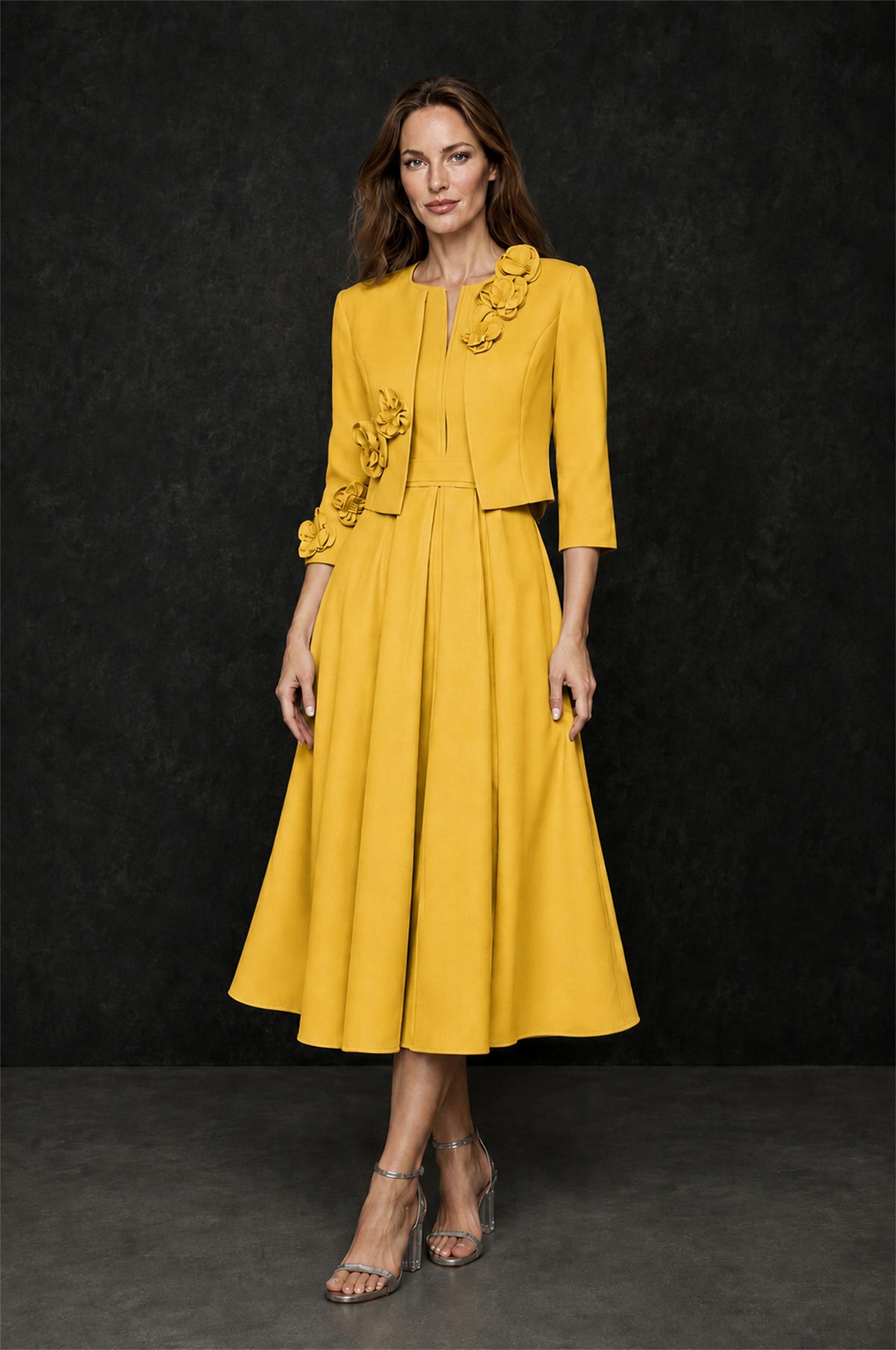BOLODOO Yellow 3D Rosette Appliqué 3/4 Sleeve Jacket & V-Notch Sleeveless A-Line Tea-Length Two-Piece Dress Set - Yellow