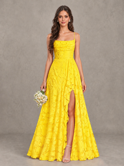 BOLODOO Yellow Floral Appliqué Slit Maxi Dress - Yellow - Yellow (1)