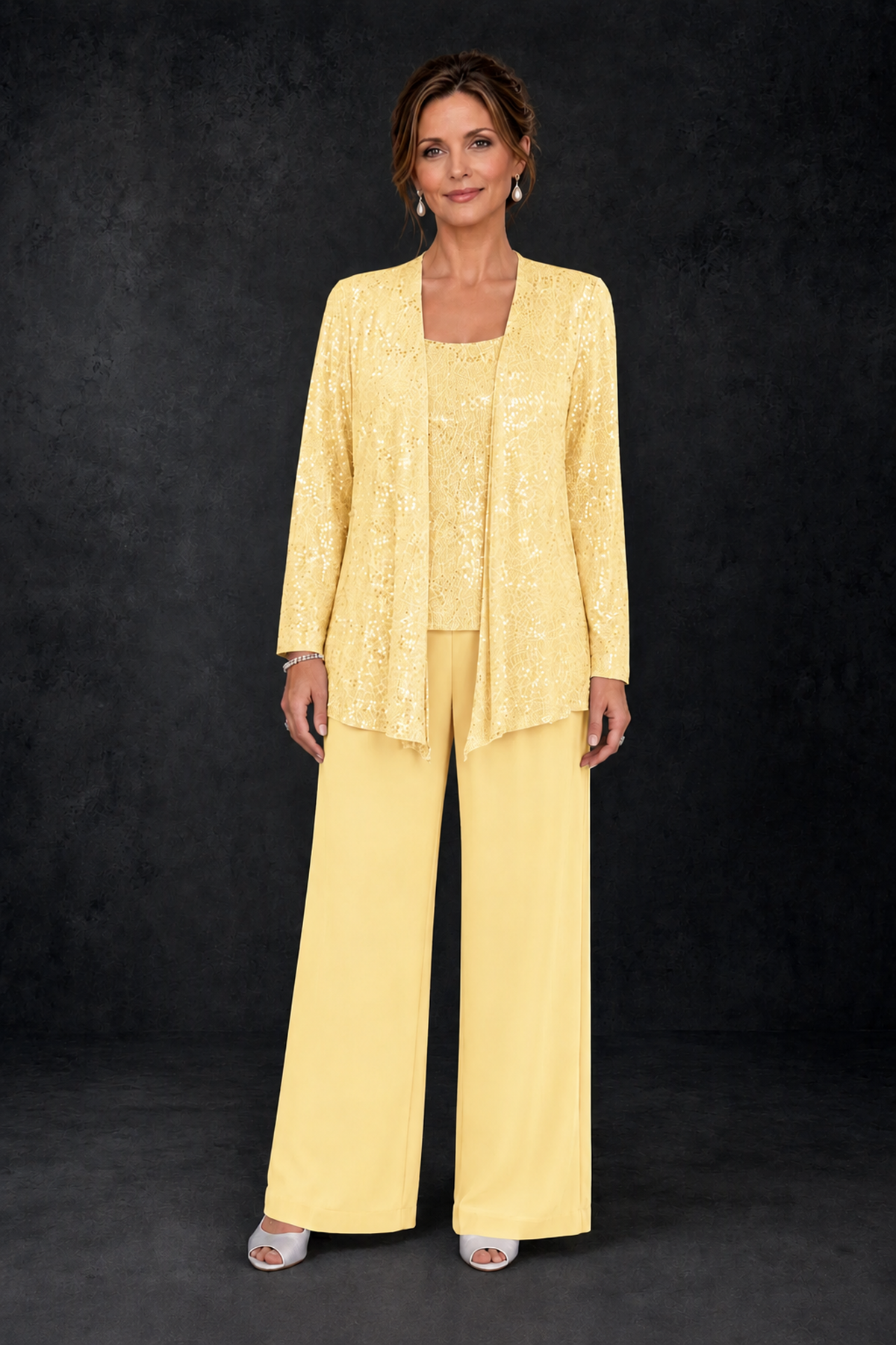 BOLODOO Yellow Sequin Lace 3-Piece Pant Suit with Long Sleeve Jacket - Yellow - Yellow (1)