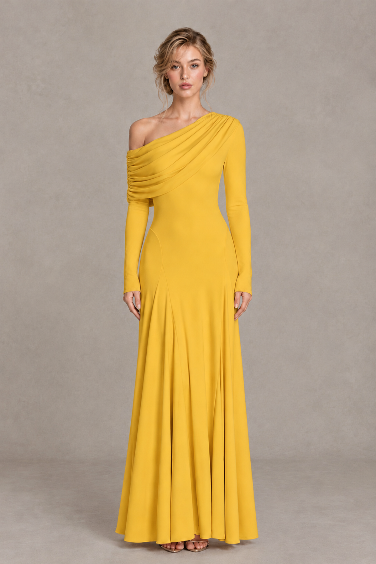 BOLODOO Yellow Asymmetric Draped Long Sleeve Evening Gown - Yellow