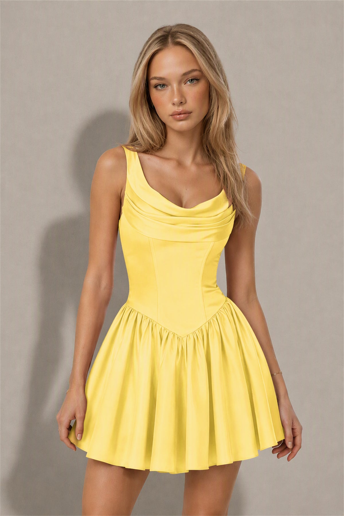 BOLODOO Yellow Satin Cowl Neck Wide Strap Corset Lace-Up Back Fit and Flare Mini Dress | Prom Cocktail Date Night Dress - Yellow