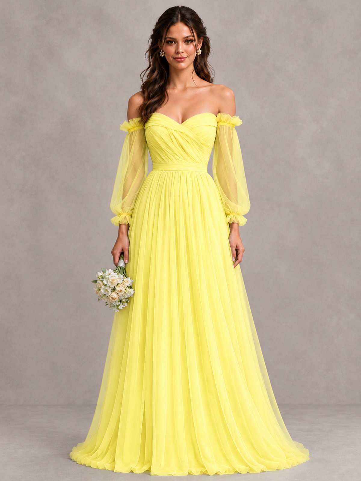 BOLODOO Yellow Off-the-Shoulder Long Sleeve A-Line Bridesmaid Dress - Yellow - Yellow (1)