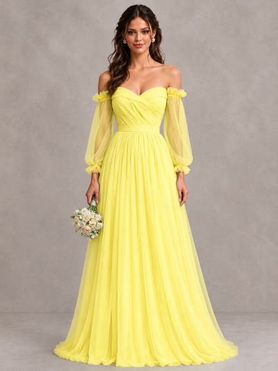 BOLODOO Yellow Off-the-Shoulder Long Sleeve A-Line Bridesmaid Dress - Yellow - Yellow (1)