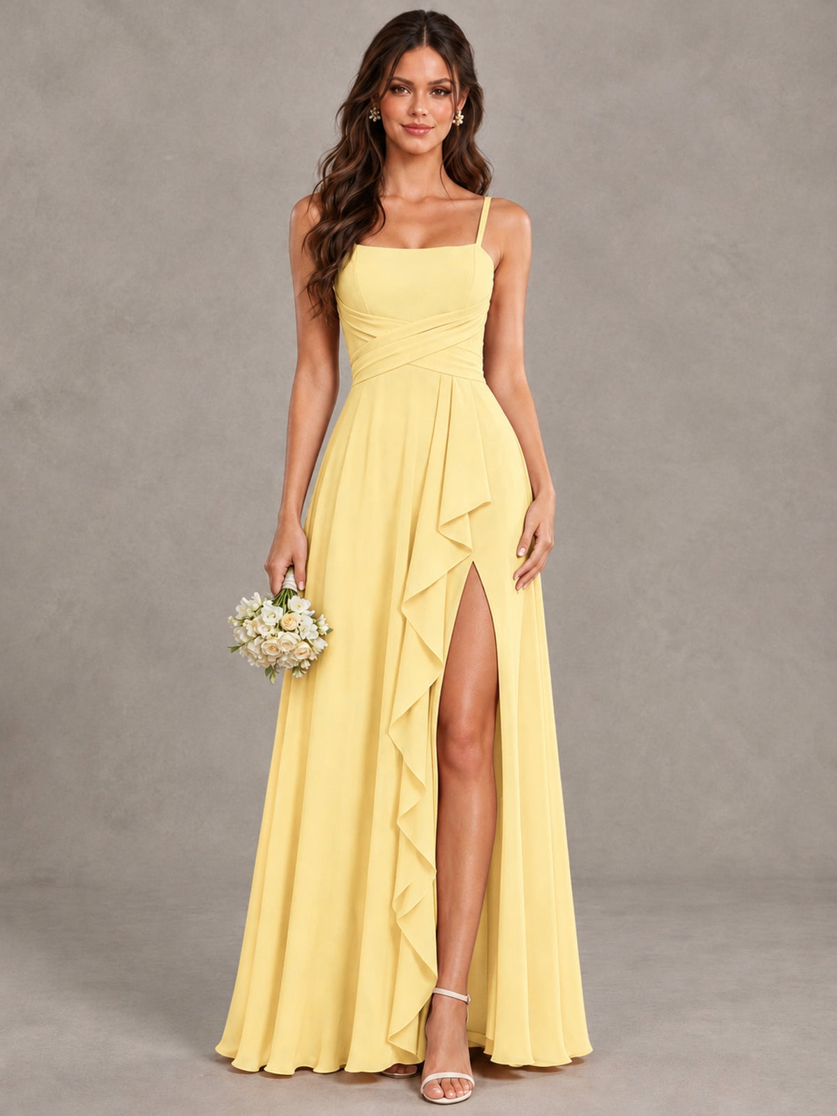 BOLODOO Yellow Spaghetti Strap Ruffle Bridesmaid Dress with Slit - Yellow - Yellow (1)