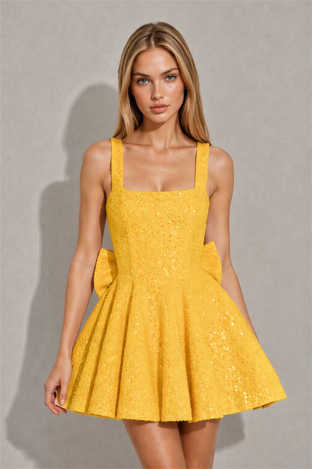 BOLODOO Yellow Sequin Square Neck Wide Strap Bow Waist Open Back Fit and Flare Mini Dress | Prom Birthday Party Dress - Yellow