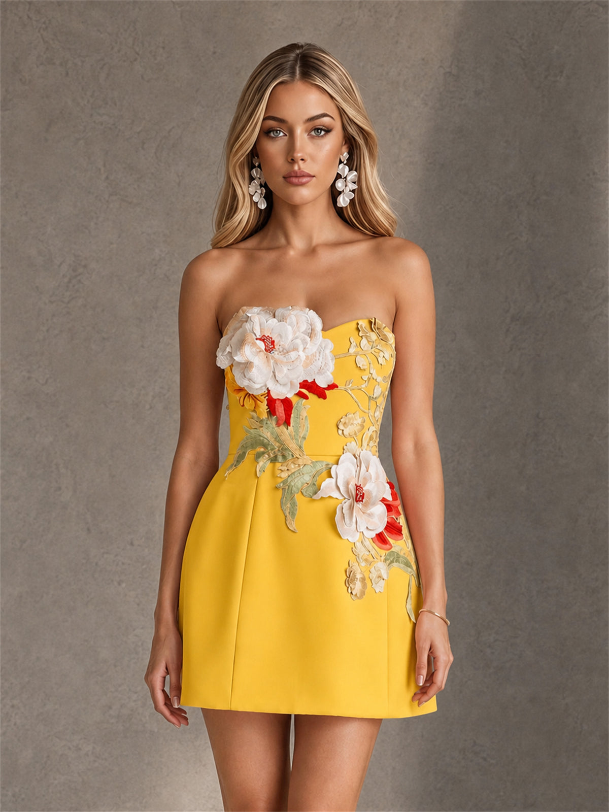 BOLODOO Yellow Oversized 3D Peony Floral Appliqué Strapless Open Back A-Line Mini Dress BD0498 - Yellow
