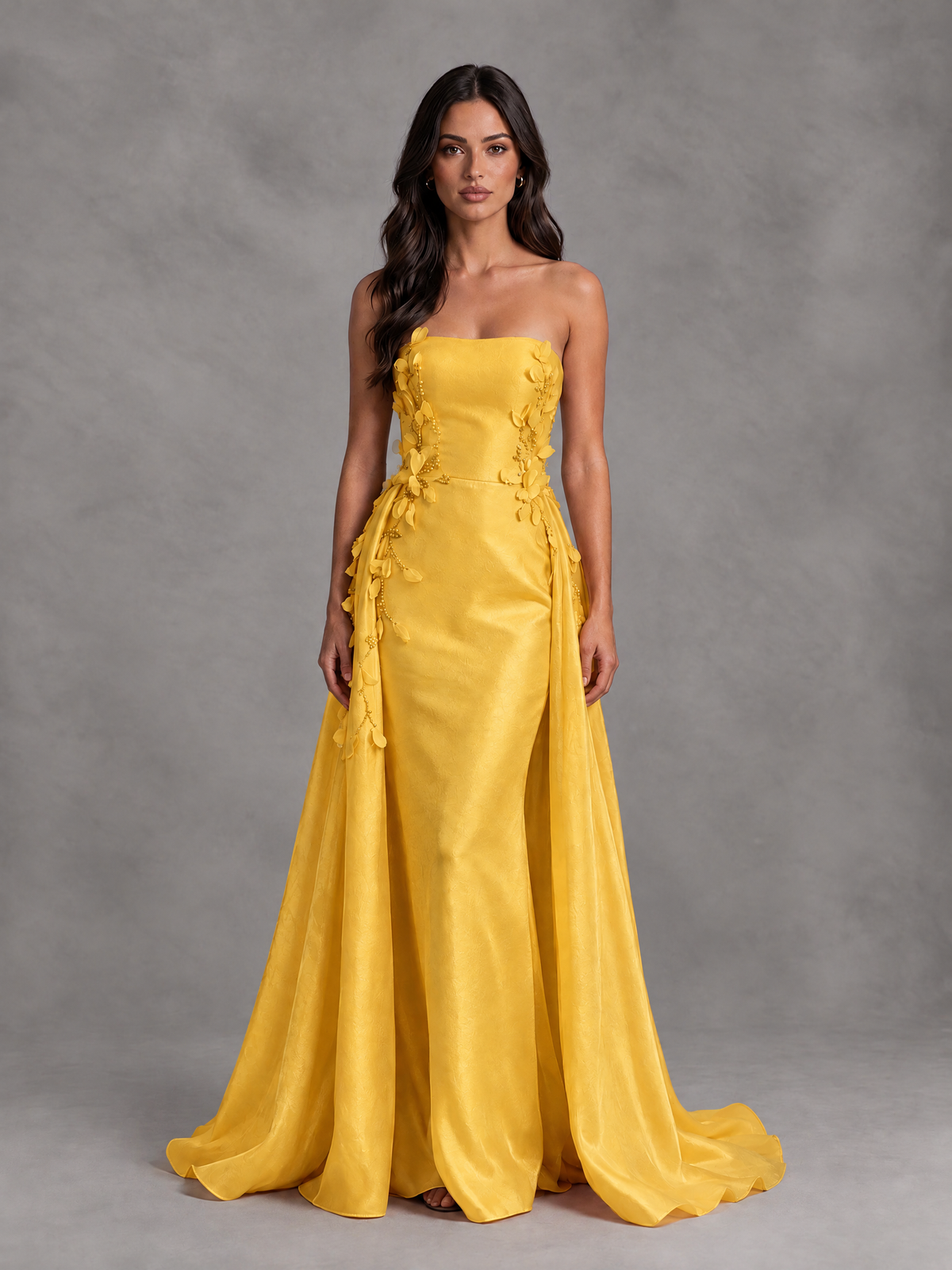 BOLODOO Yellow Strapless Floral Applique Prom Dress with Overskirt - Yellow - Yellow (1)