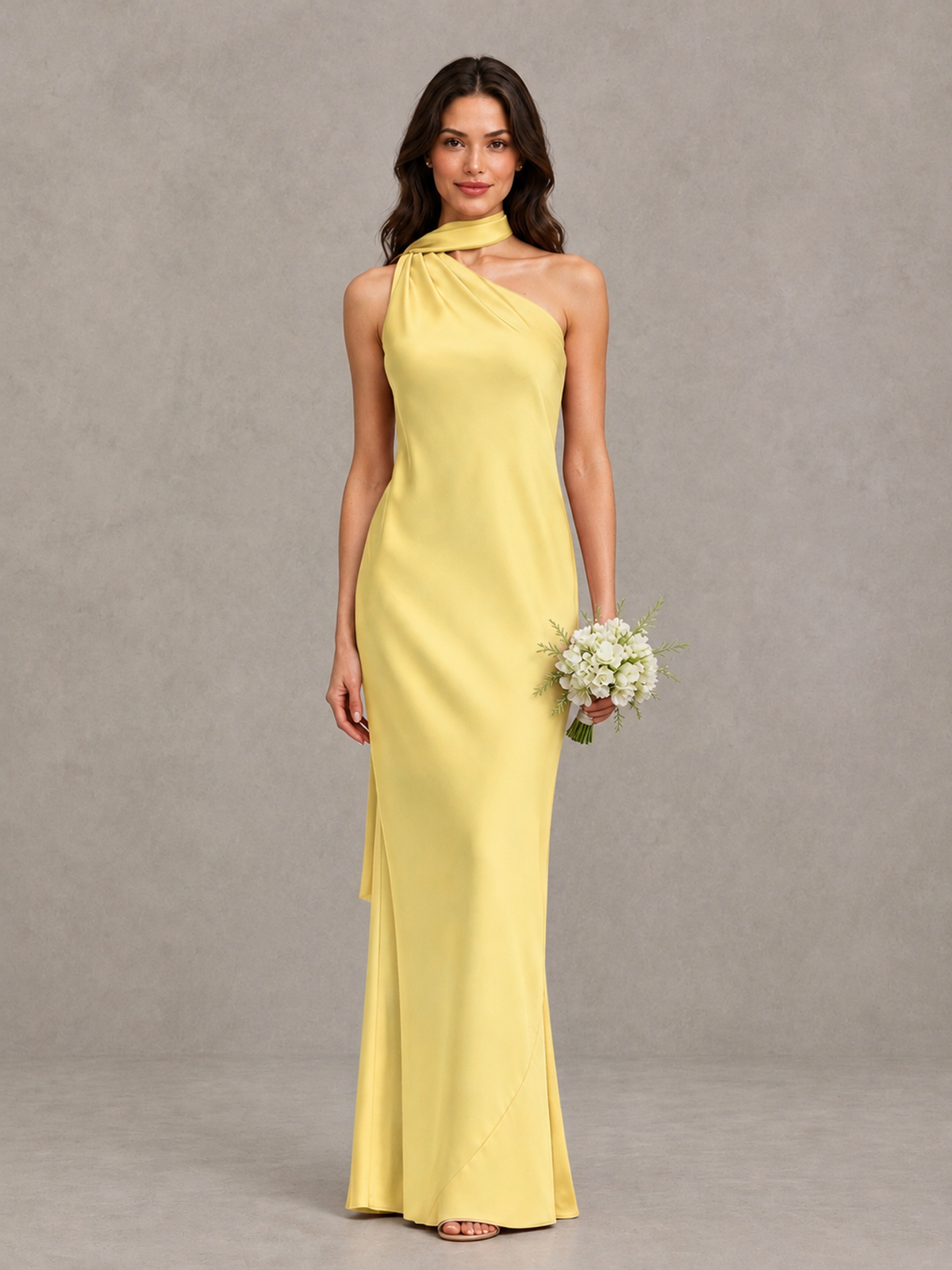 BOLODOO Yellow Satin One-Shoulder Bridesmaid Dress with Open Back - Yellow - Yellow (1)