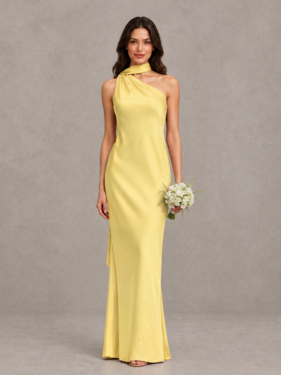 BOLODOO Yellow Satin One-Shoulder Bridesmaid Dress with Open Back - Yellow - Yellow (1)