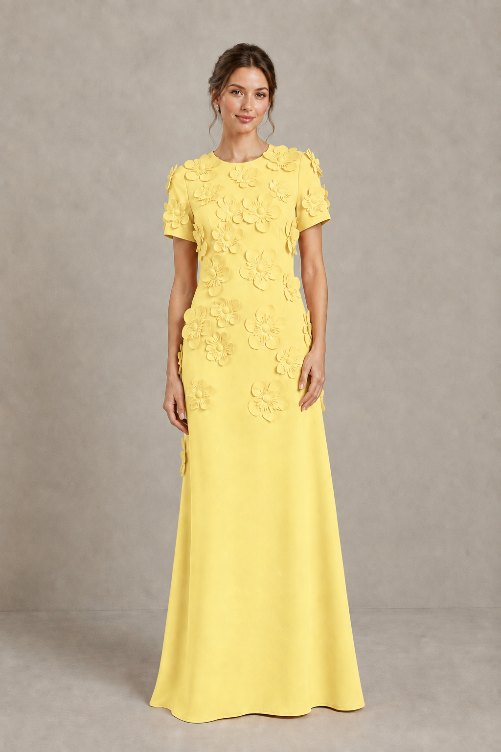 BOLODOO Yellow Textured Floral Maxi Dress with Short Sleeves - Yellow