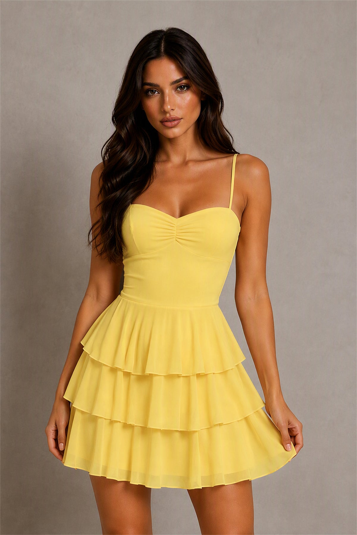 BOLODOO Yellow Chiffon Sweetheart Spaghetti Strap Lace-Up Open Back Tiered Ruffle Mini Dress | Cocktail Party Date Night Dress - Yellow