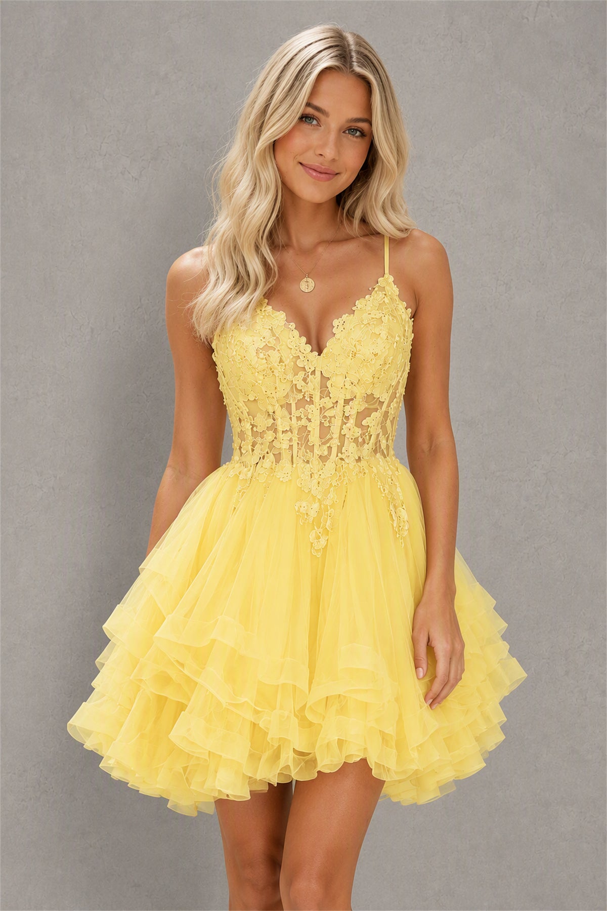 BOLODOO Yellow 3D Floral Lace Corset Deep V Spaghetti Strap Tiered Tulle Mini Dress - Yellow