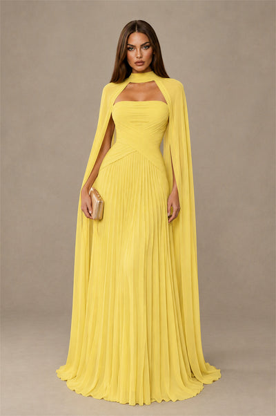 BOLODOO Yellow Strapless Crossover Ruched Bodice Detached Turtleneck Cape Lace-Up Back Pleated Chiffon Maxi Dress - Yellow