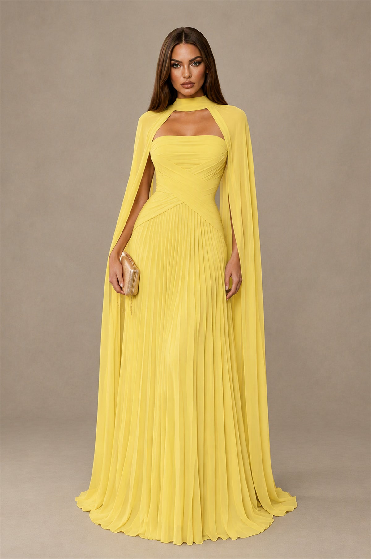 BOLODOO Yellow Strapless Crossover Ruched Bodice Detached Turtleneck Cape Lace-Up Back Pleated Chiffon Maxi Dress - Yellow