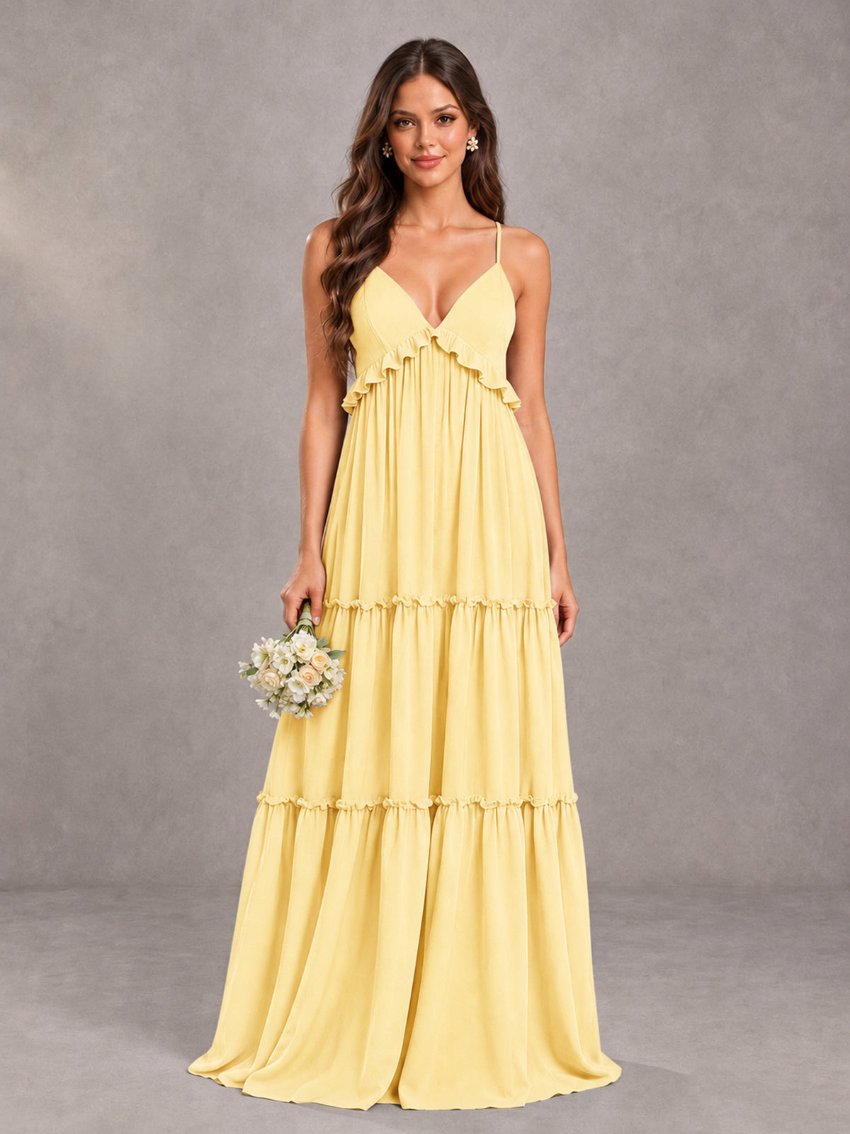 BOLODOO Yellow Tiered V-Neck Lace-Up Back Bridesmaid Dress - Yellow - Yellow (1)