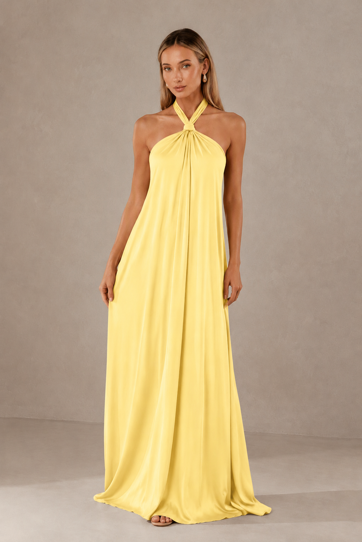 BOLODOO Yellow Backless Halter Satin Bridesmaid Dress - Yellow